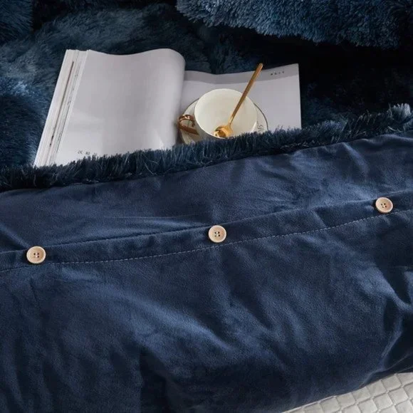 Shaggy Fluffy Faux Fur Duvet Cover Set Button Closure Velvety Bedding Se…